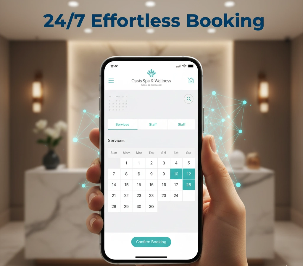 Hand holding a smartphone displaying an intuitive salon online booking interface for 24/7 effortless appointment scheduling, set against a blurred spa reception. Illustrates AI-powered booking systems and spa management software.