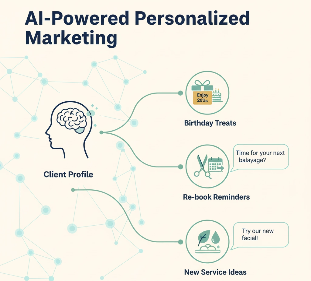 Infographic demonstrating AI-powered personalized marketing for salons and spas, showing a client profile branching into birthday treats, re-book reminders, and new service ideas. Represents client engagement, targeted marketing, and AI data analysis.