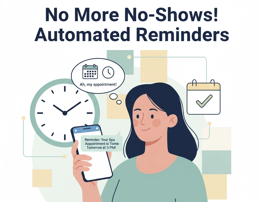 Stylized illustration of a happy client receiving a text message appointment reminder on their phone, with a clock and calendar in the background. Highlights automated reminders, no-show reduction, and efficient salon operations.