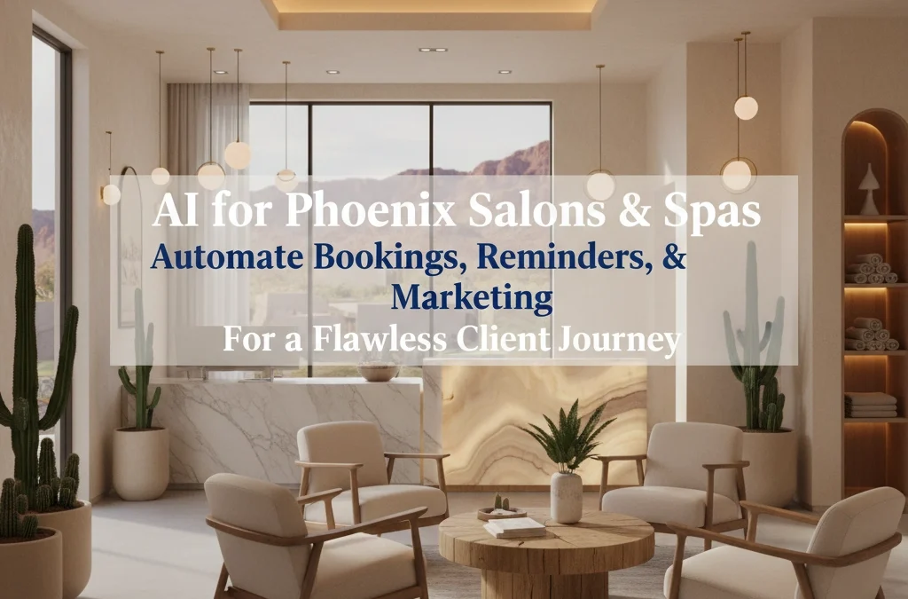 Elegant modern salon interior in Phoenix with warm lighting and desert decor, showcasing AI for Phoenix Salons & Spas: Automate Bookings, Reminders, & Marketing For a Flawless Client Journey. Ideal for spa marketing, salon software, and AI automation.