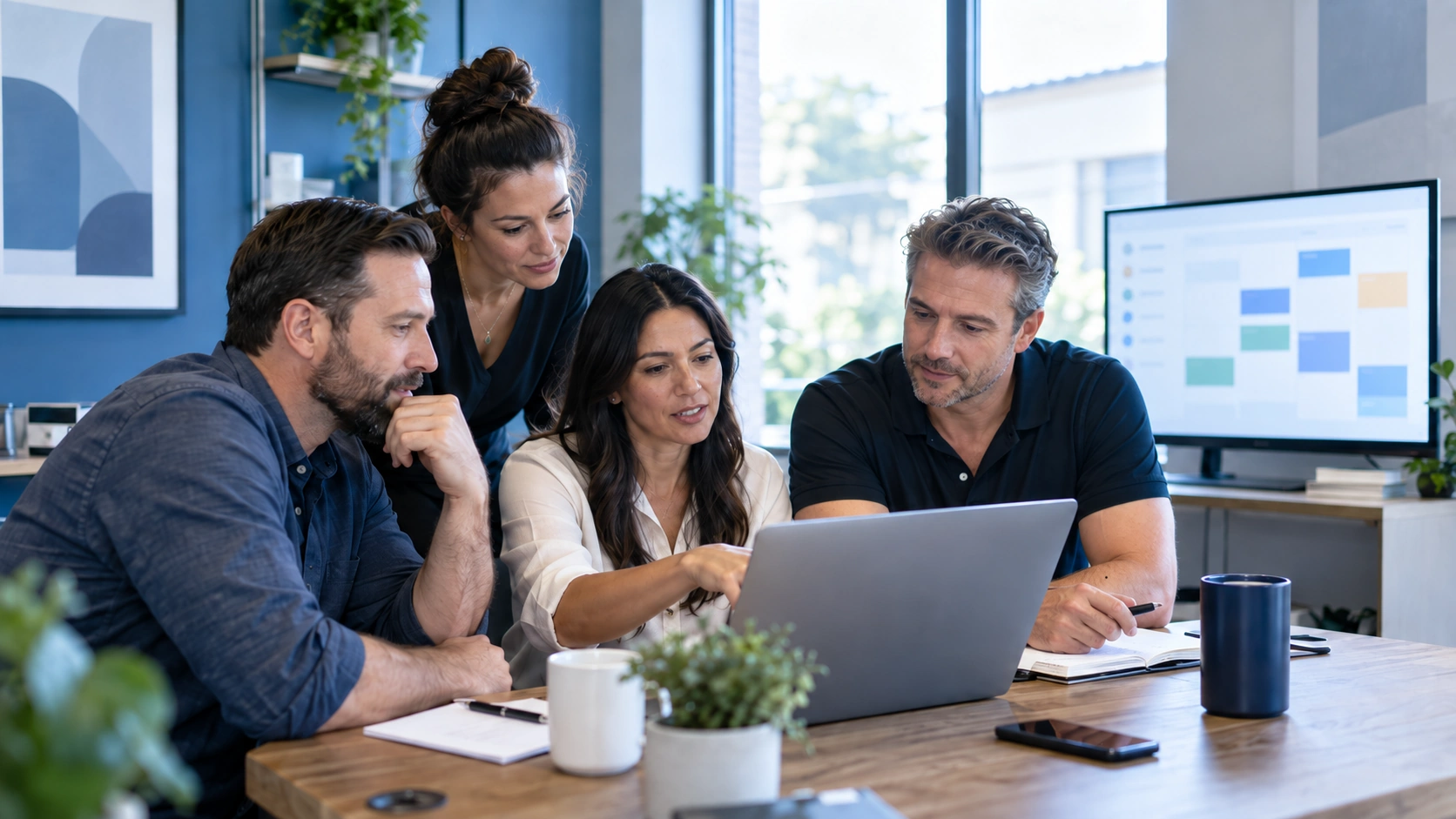 Local service business automation team collaborating around a laptop